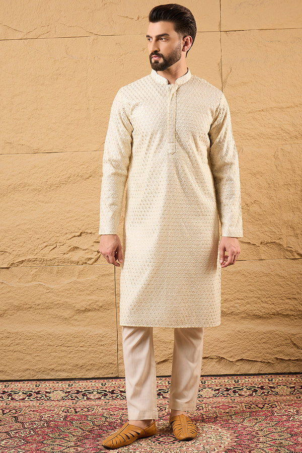 Off White Polyester Embroidered Mandarin Collar Straight Kurta MKU1126