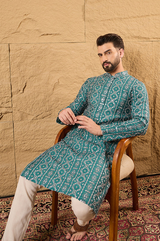 Blue Silk Embroidered Mandarin Collar Straight Kurta MKU1132