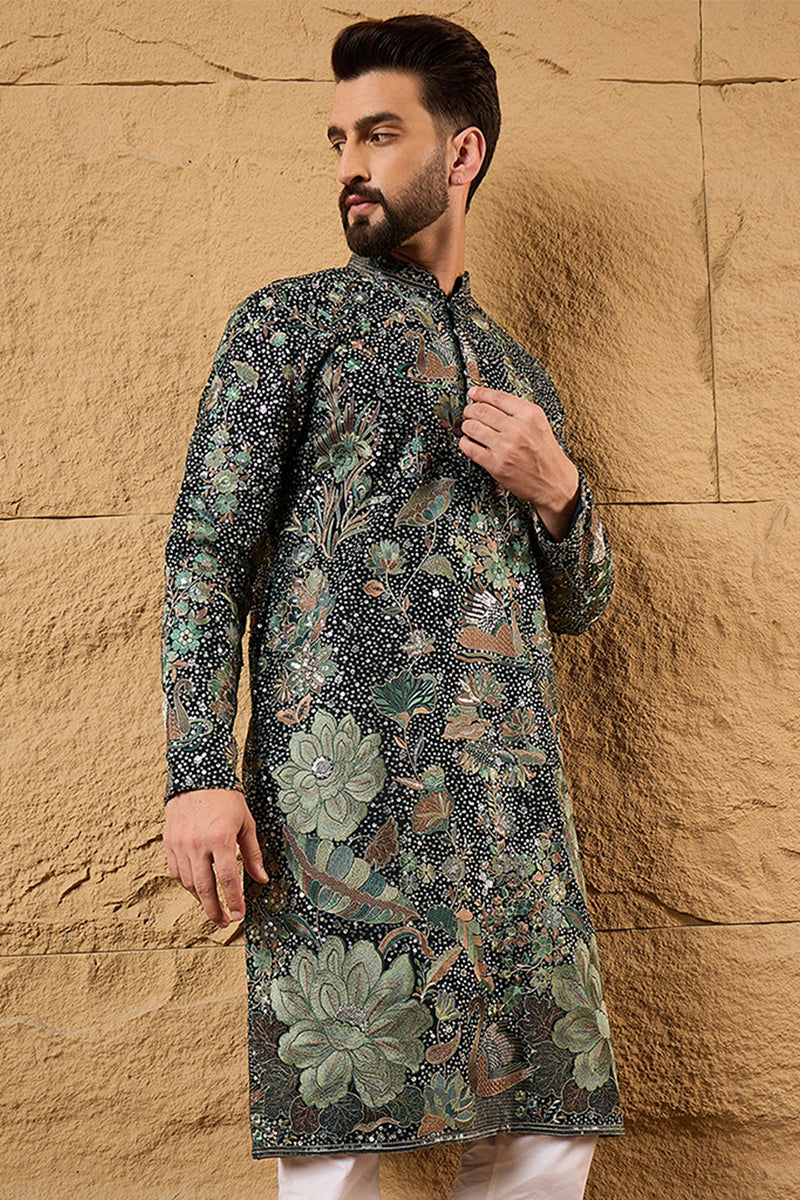 Green Georgette Embroidered Mandarin Collar Straight Kurta MKU1133