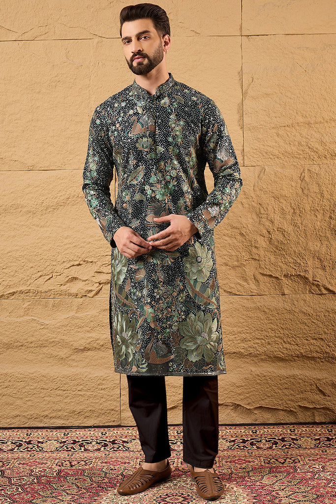 Green Georgette Solid Embroidered Straight Kurta with Trouser MKSET1133