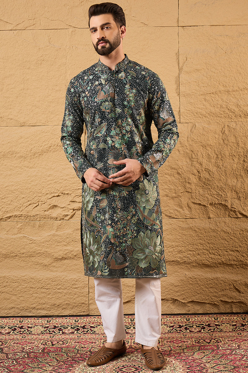 Green Georgette Embroidered Mandarin Collar Straight Kurta MKU1133