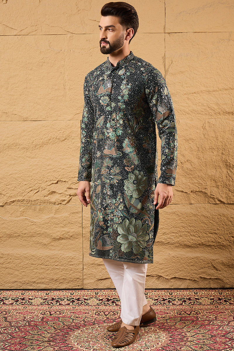 Green Georgette Embroidered Mandarin Collar Straight Kurta MKU1133