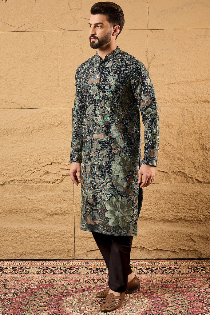 Green Georgette Solid Embroidered Straight Kurta with Trouser MKSET1133