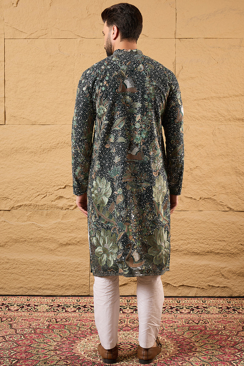 Green Georgette Embroidered Mandarin Collar Straight Kurta MKU1133