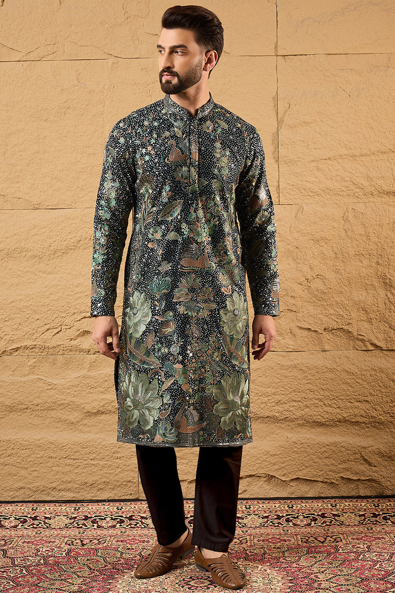 Green Georgette Solid Embroidered Straight Kurta with Trouser MKSET1133