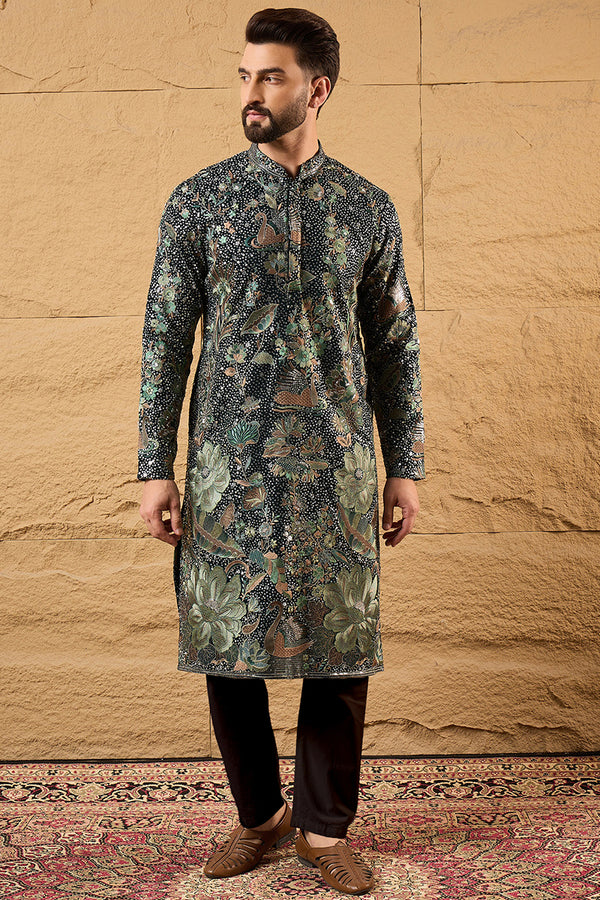 Green Georgette Solid Embroidered Straight Kurta with Trouser MKSET1133