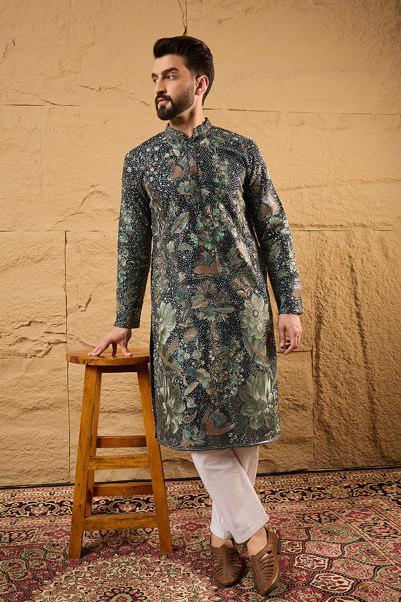 Green Georgette Embroidered Mandarin Collar Straight Kurta MKU1133