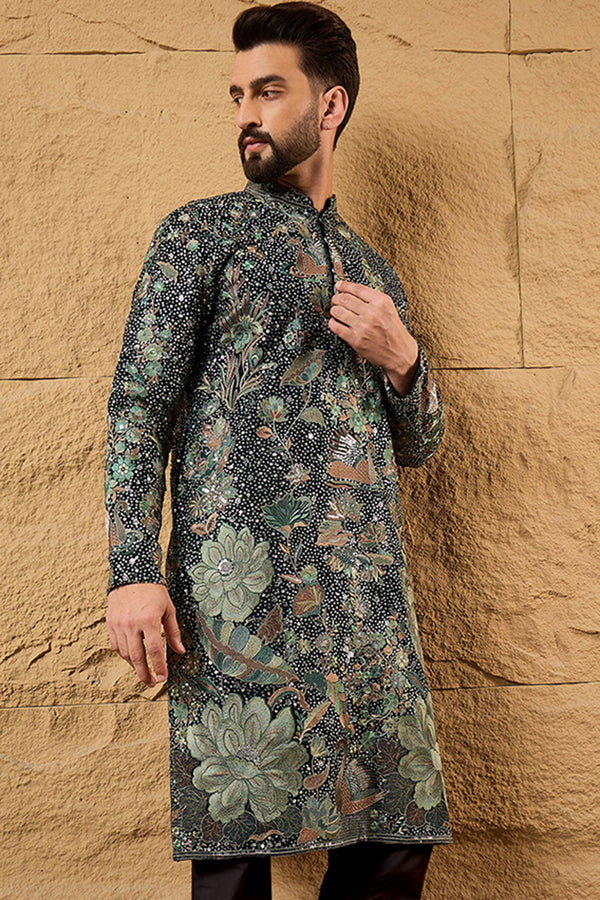 Green Georgette Solid Embroidered Straight Kurta with Trouser MKSET1133