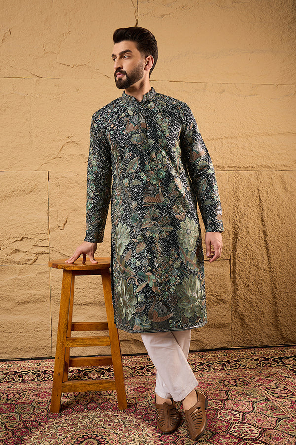 Green Georgette Embroidered Mandarin Collar Straight Kurta MKU1133