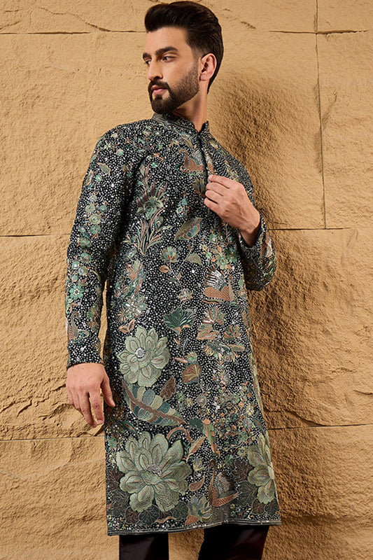 Green Georgette Embroidered Mandarin Collar Straight Kurta MKU1133