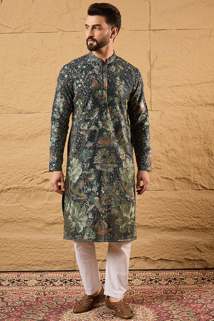 Green Georgette Embroidered Mandarin Collar Straight Kurta MKU1133