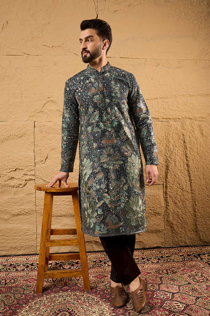 Green Georgette Solid Embroidered Straight Kurta with Trouser MKSET1133