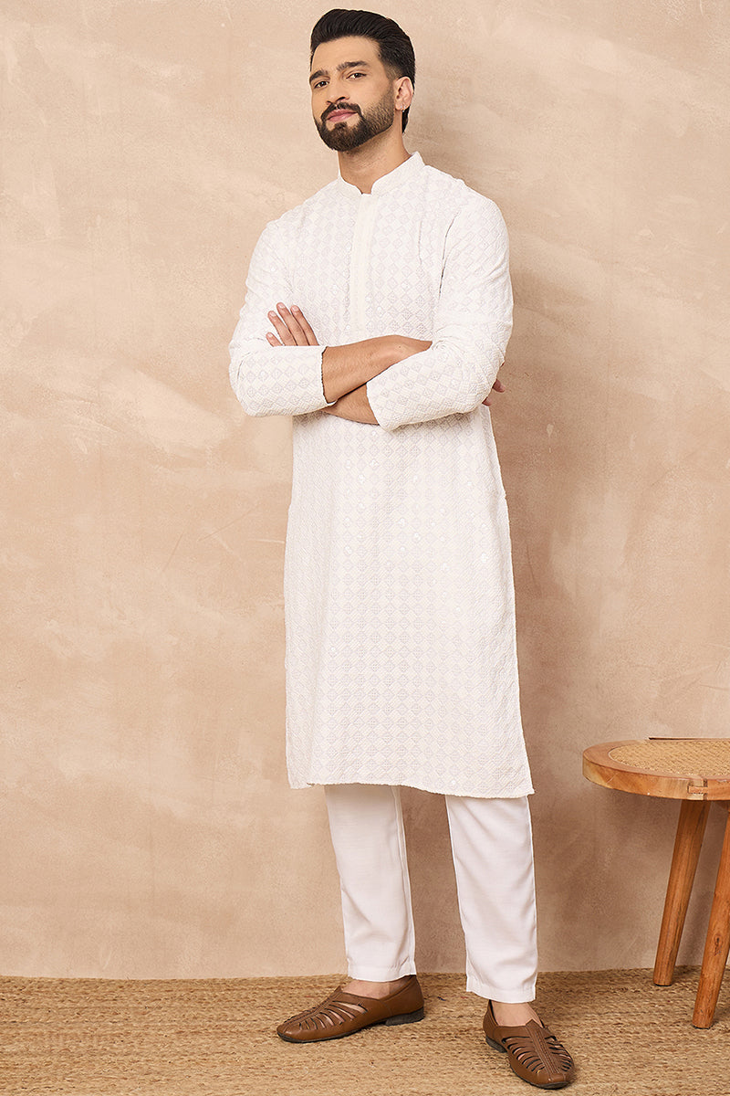 White Viscose Rayon Solid Embroidered Straight Kurta MKU1140