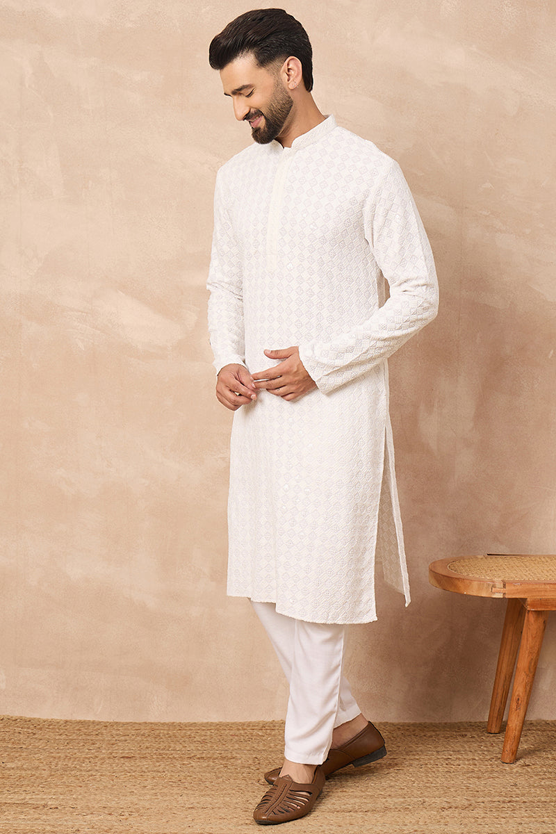 White Viscose Rayon Solid Embroidered Straight Kurta MKU1140