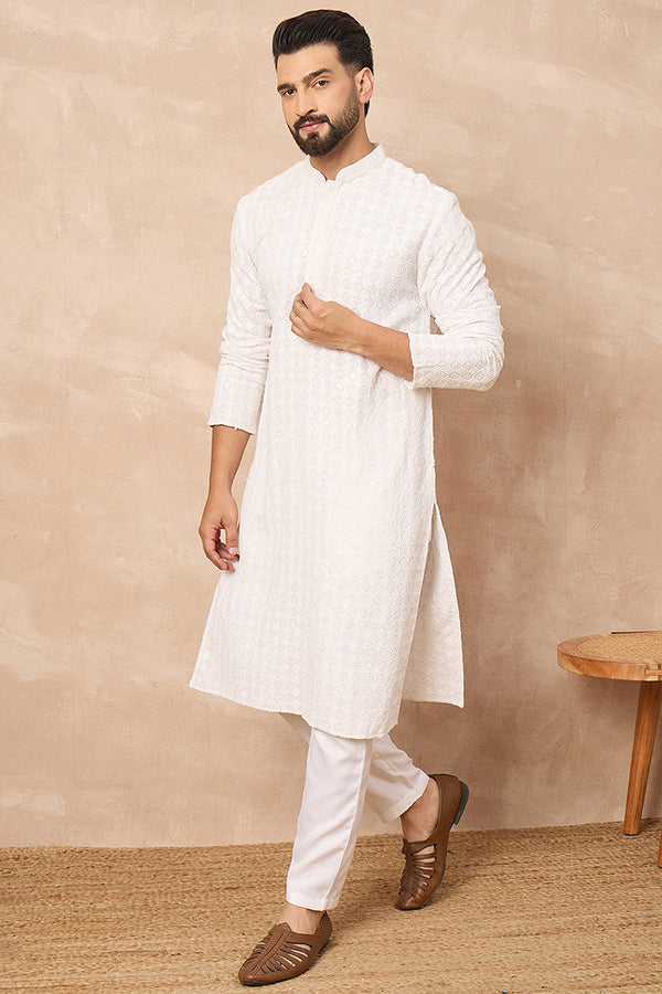 White Viscose Rayon Solid Embroidered Straight Kurta MKU1140
