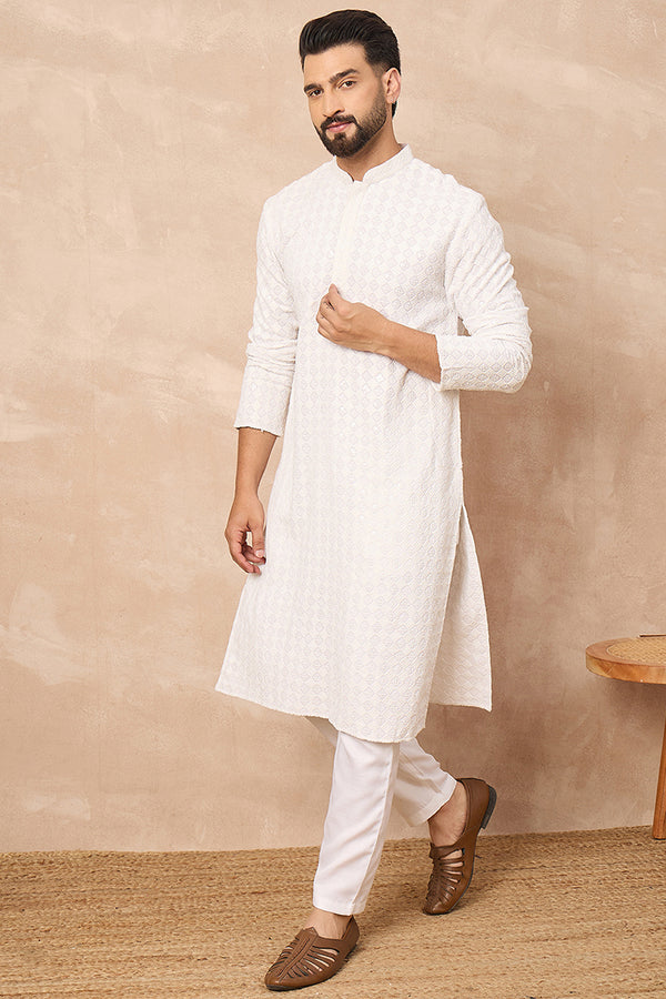 White Viscose Rayon Solid Embroidered Straight Kurta MKU1140