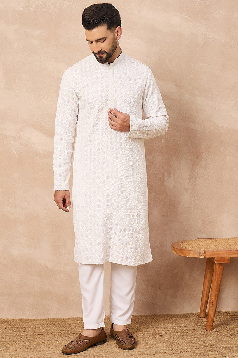 White Viscose Rayon Solid Embroidered Straight Kurta MKU1140