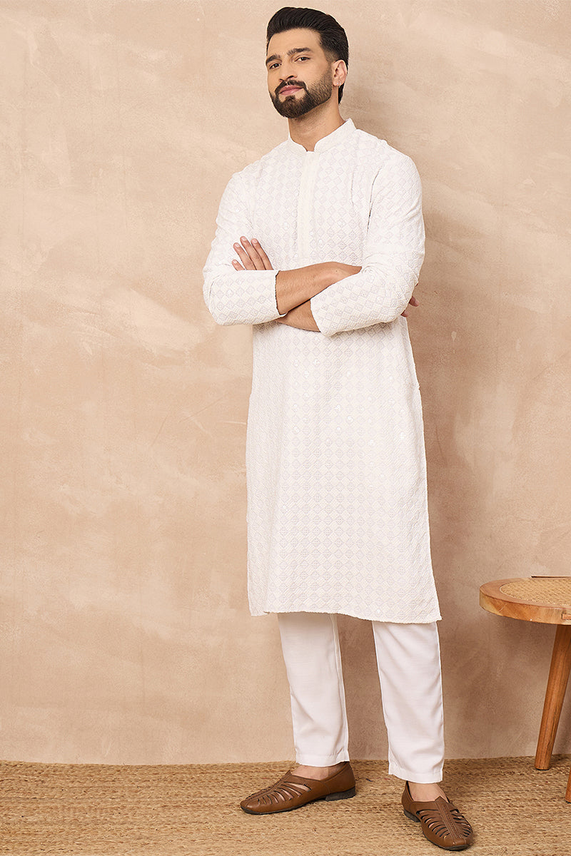 White Viscose Rayon Solid Embroidered Straight Kurta MKU1140