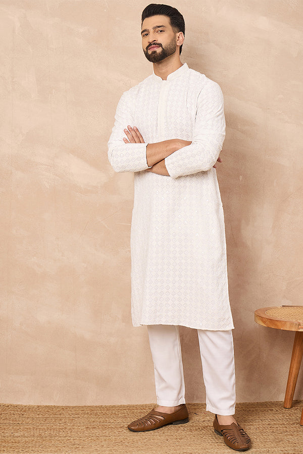 White Viscose Rayon Solid Embroidered Straight Kurta MKU1140