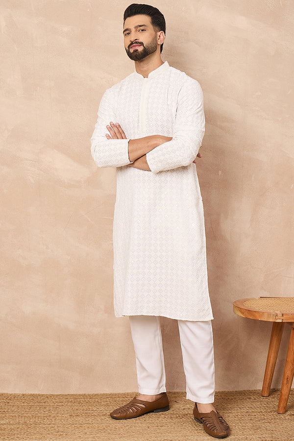 White Viscose Rayon Solid Embroidered Straight Kurta MKU1140