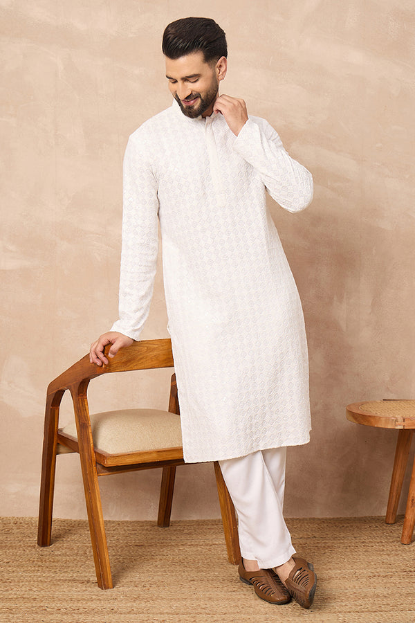 White Viscose Rayon Solid Embroidered Straight Kurta MKU1140