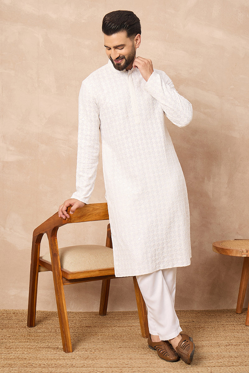 White Viscose Rayon Solid Embroidered Straight Kurta MKU1140