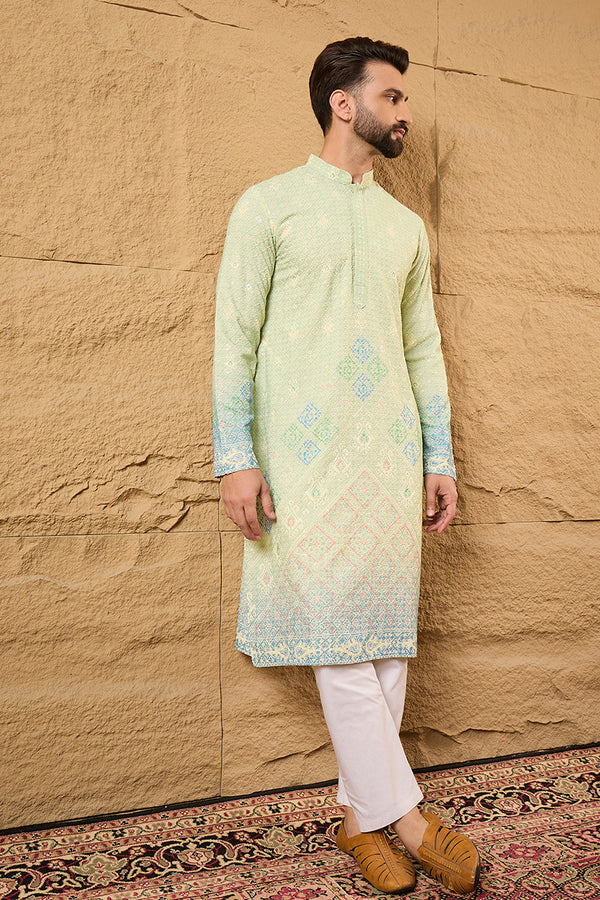 Green Viscose Rayon Bandhani Embroidered Straight Kurta MKU1141
