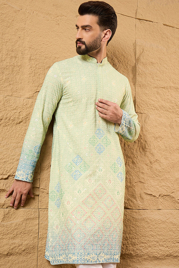 Green Viscose Rayon Bandhani Embroidered Straight Kurta MKU1141