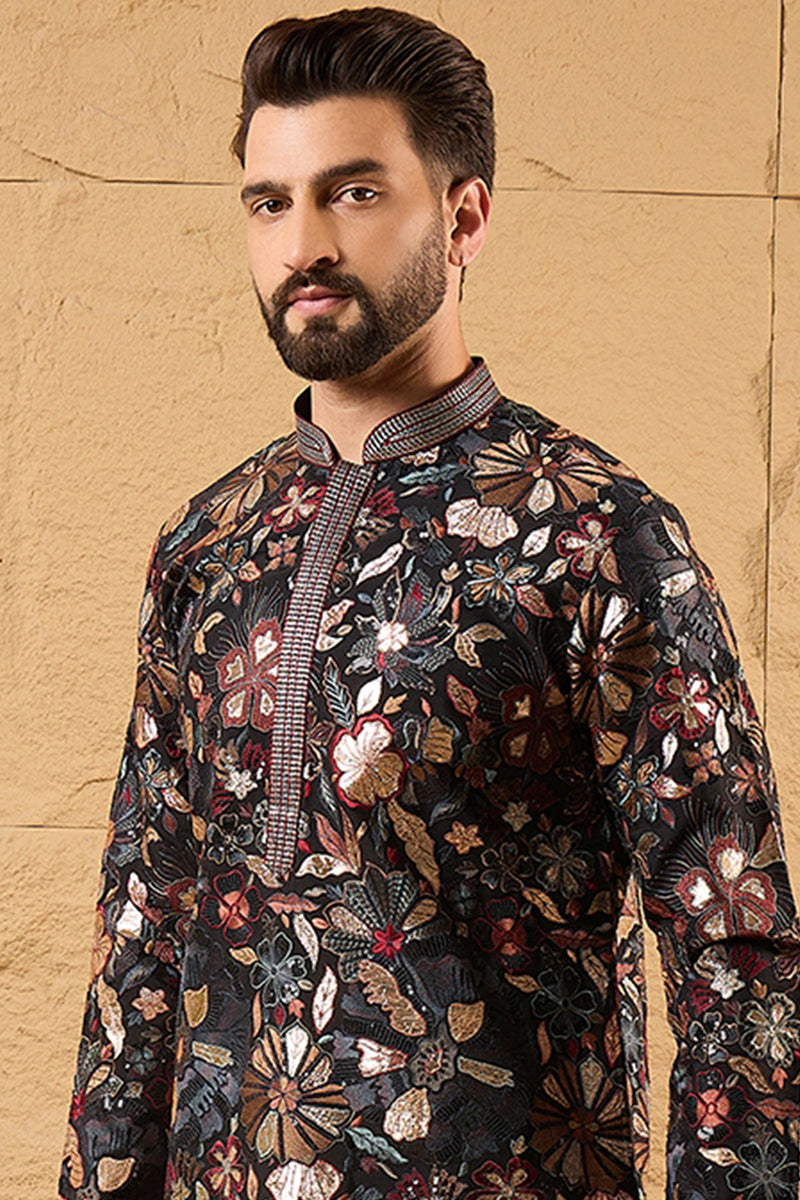 Black Silk Blend Solid Embroidered Straight Kurta MKU1153