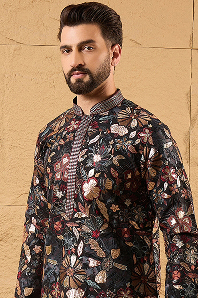 Black Silk Blend Solid Embroidered Straight Kurta MKU1153