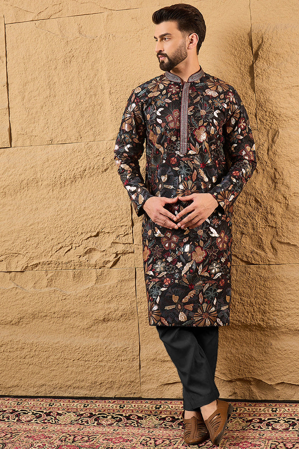 Black Silk Blend Solid Embroidered Straight Kurta MKU1153