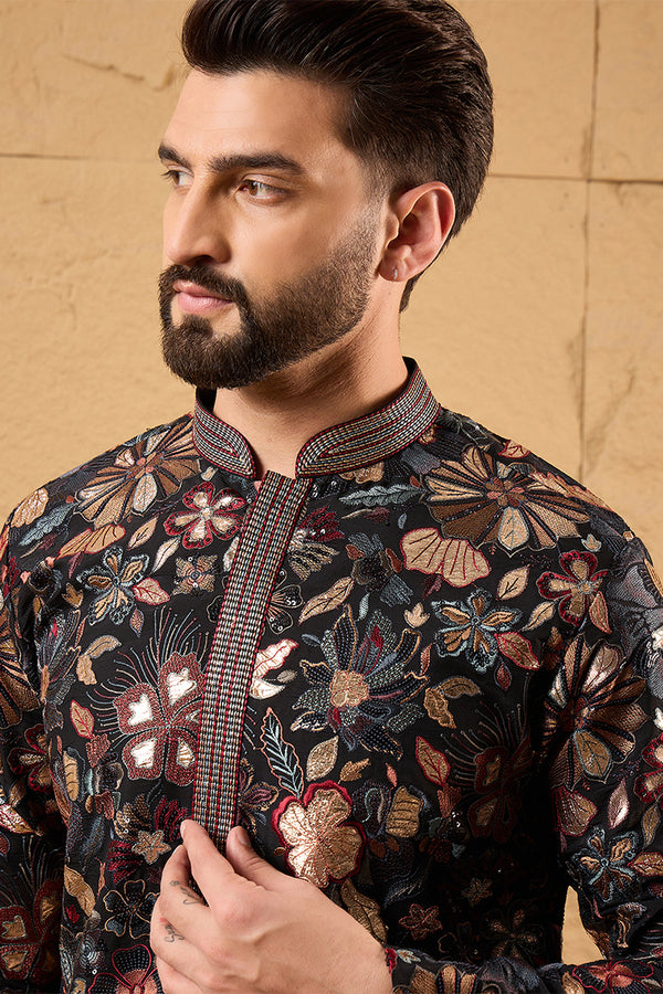 Black Silk Blend Solid Embroidered Straight Kurta MKU1153