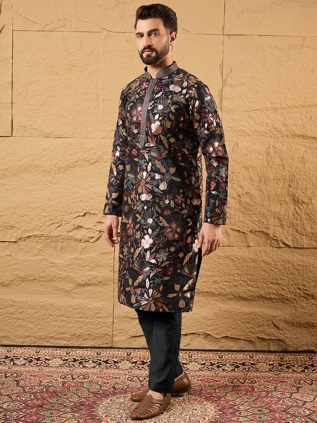 Black Silk Blend Solid Embroidered Straight Kurta MKU1153