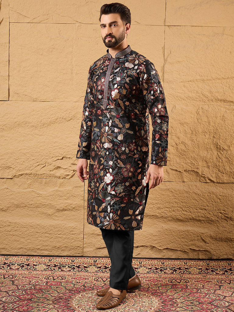 Black Silk Blend Solid Embroidered Straight Kurta MKU1153