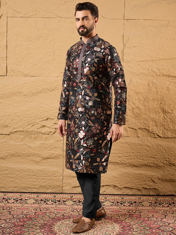 Black Silk Blend Solid Embroidered Straight Kurta MKU1153