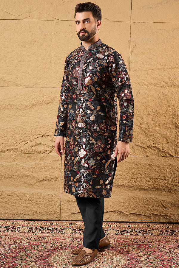 Black Silk Blend Solid Embroidered Straight Kurta MKU1153