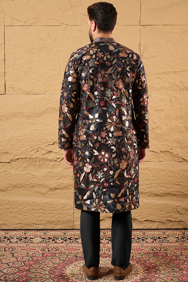 Black Silk Blend Solid Embroidered Straight Kurta MKU1153