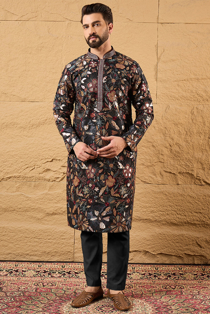 Black Silk Blend Solid Embroidered Straight Kurta MKU1153
