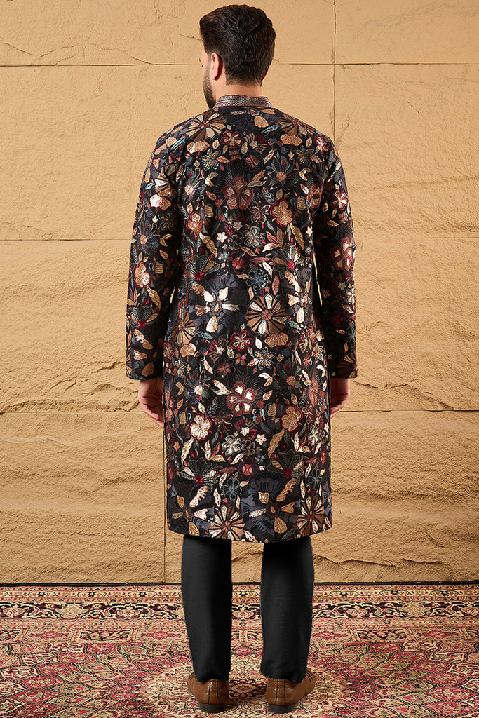 Black Silk Blend Solid Embroidered Straight Kurta MKU1153