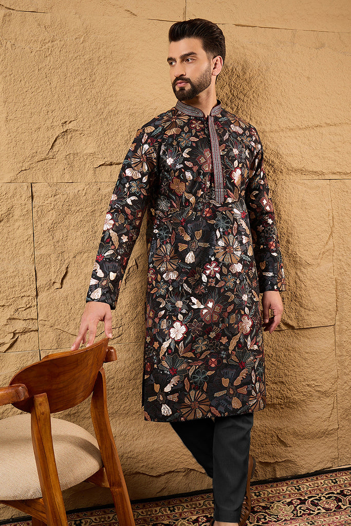 Black Silk Blend Solid Embroidered Straight Kurta MKU1153