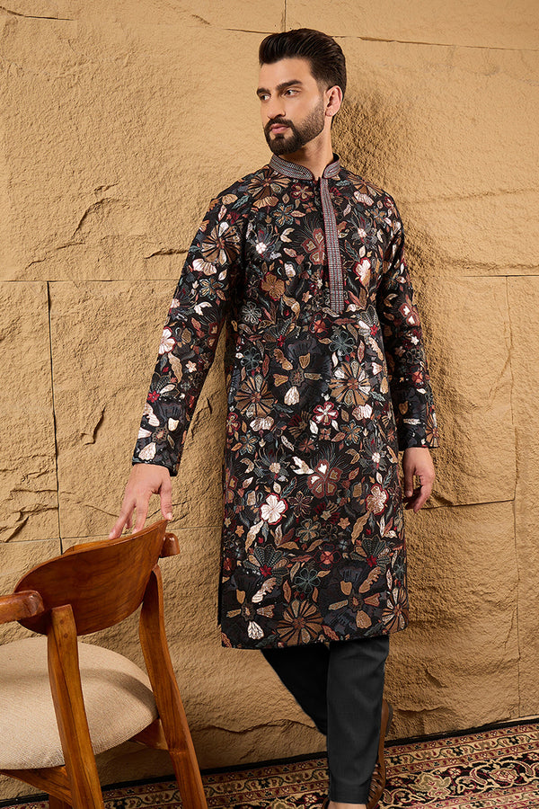 Black Silk Blend Solid Embroidered Straight Kurta MKU1153