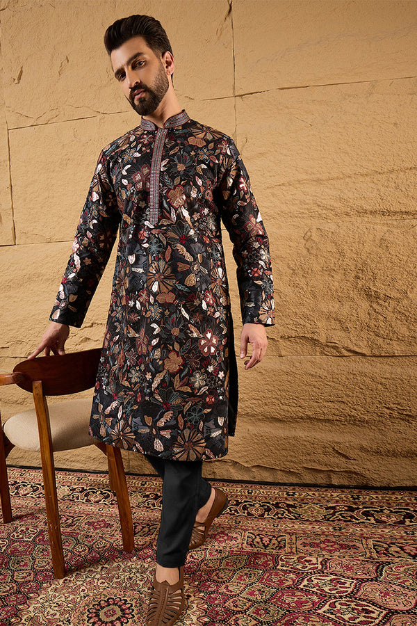 Black Silk Blend Solid Embroidered Straight Kurta MKU1153