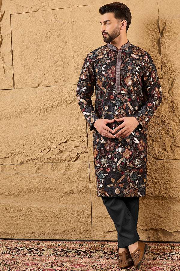 Black Silk Blend Solid Embroidered Straight Kurta MKU1153
