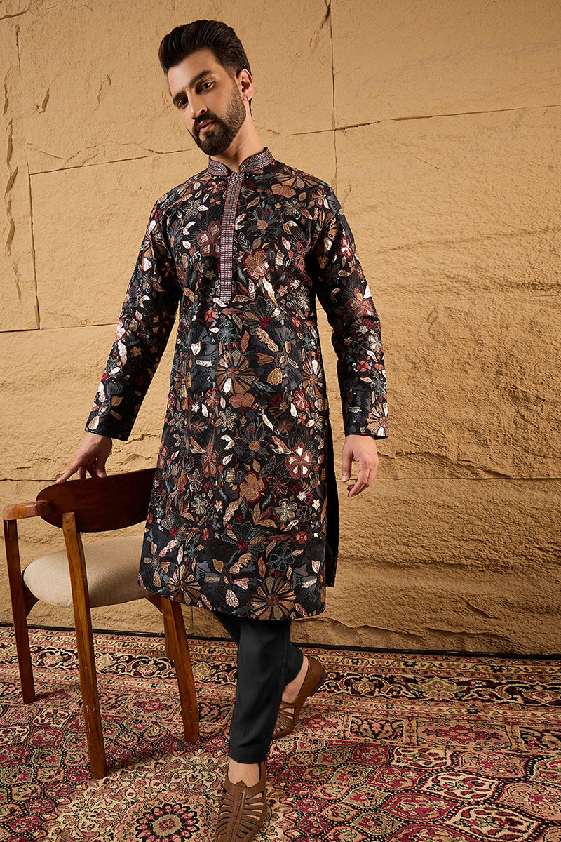 Black Silk Blend Solid Embroidered Straight Kurta MKU1153
