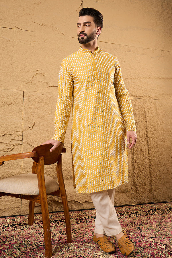 Yellow Silk Blend Embroidered Mandarin Collar Straight Kurta MKU1157