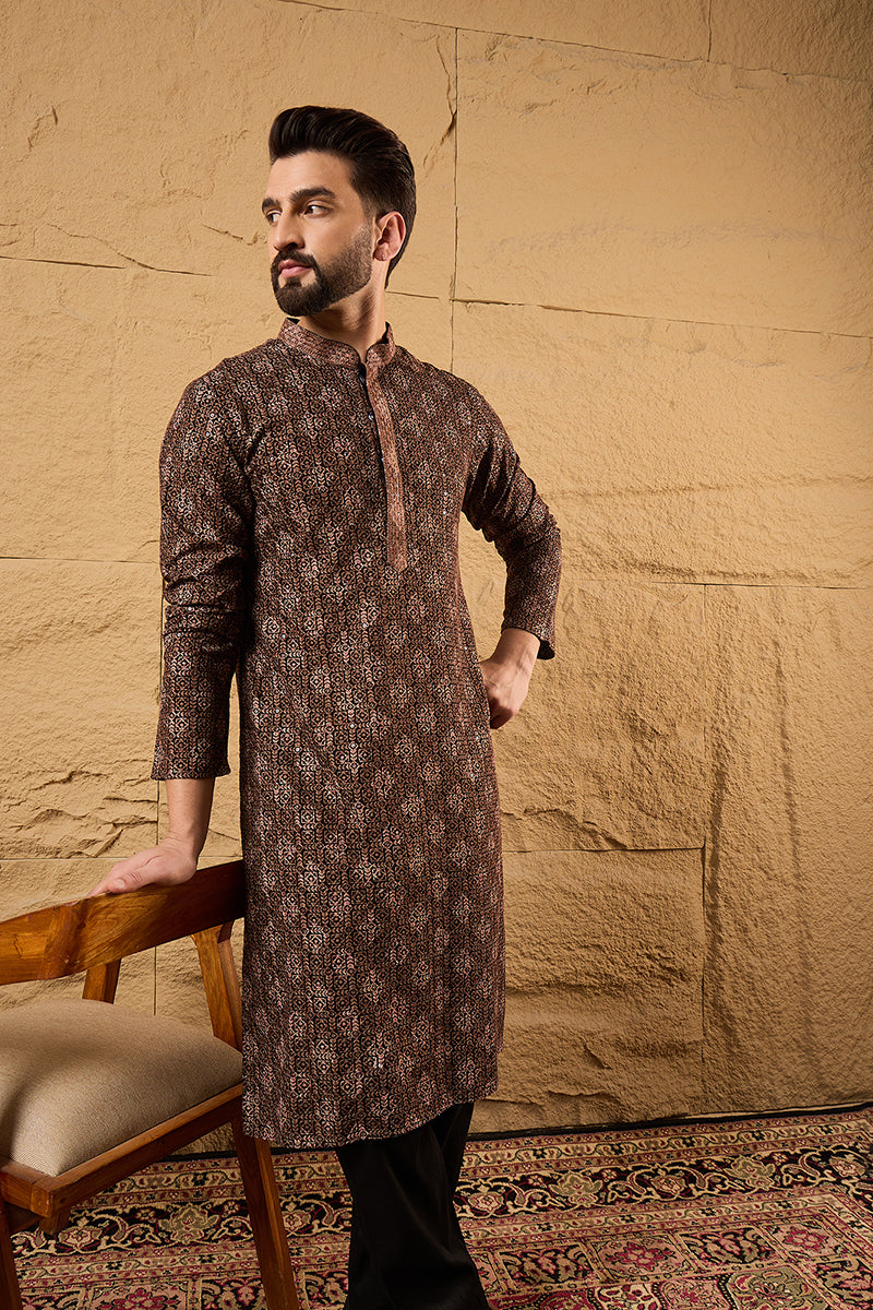 Brown Viscose Rayon Ethnic Motifs Embroidered Chikankari Straight Kurta With Pant Set MKSET1164