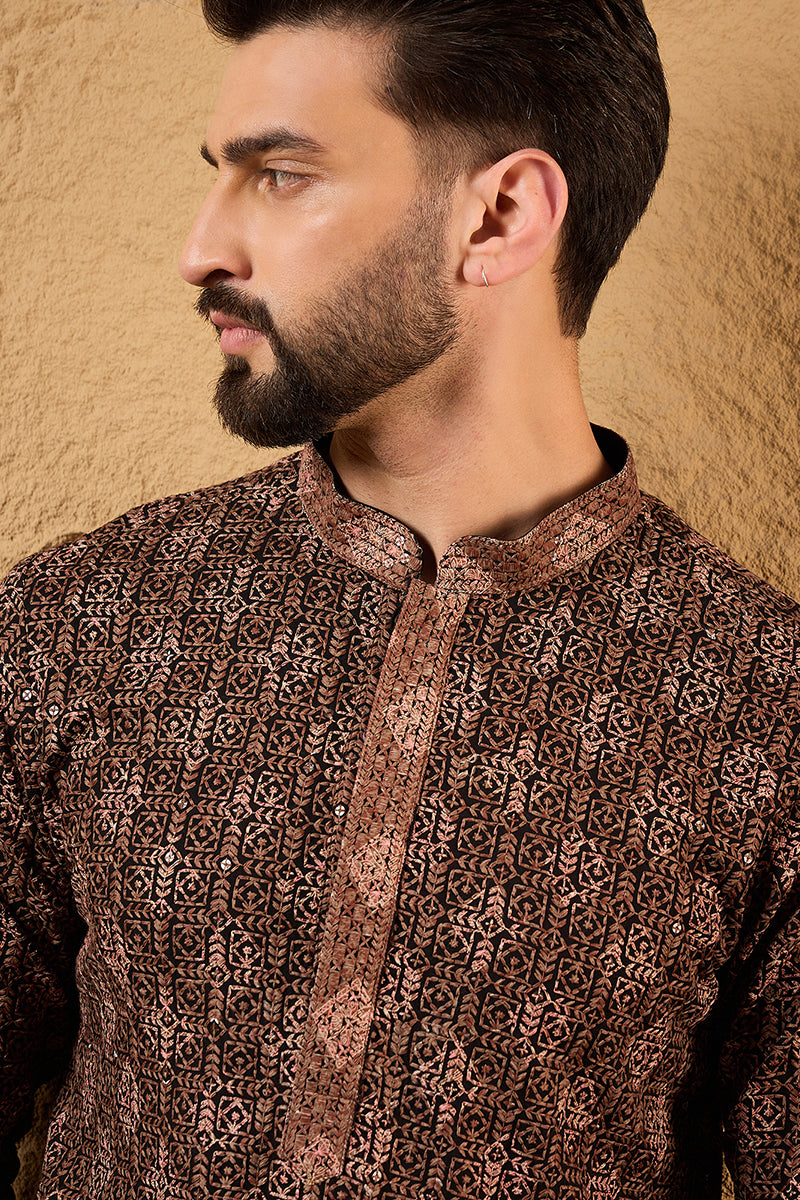 Brown Viscose Rayon Ethnic Motifs Embroidered Chikankari Straight Kurta With Pant Set MKSET1164
