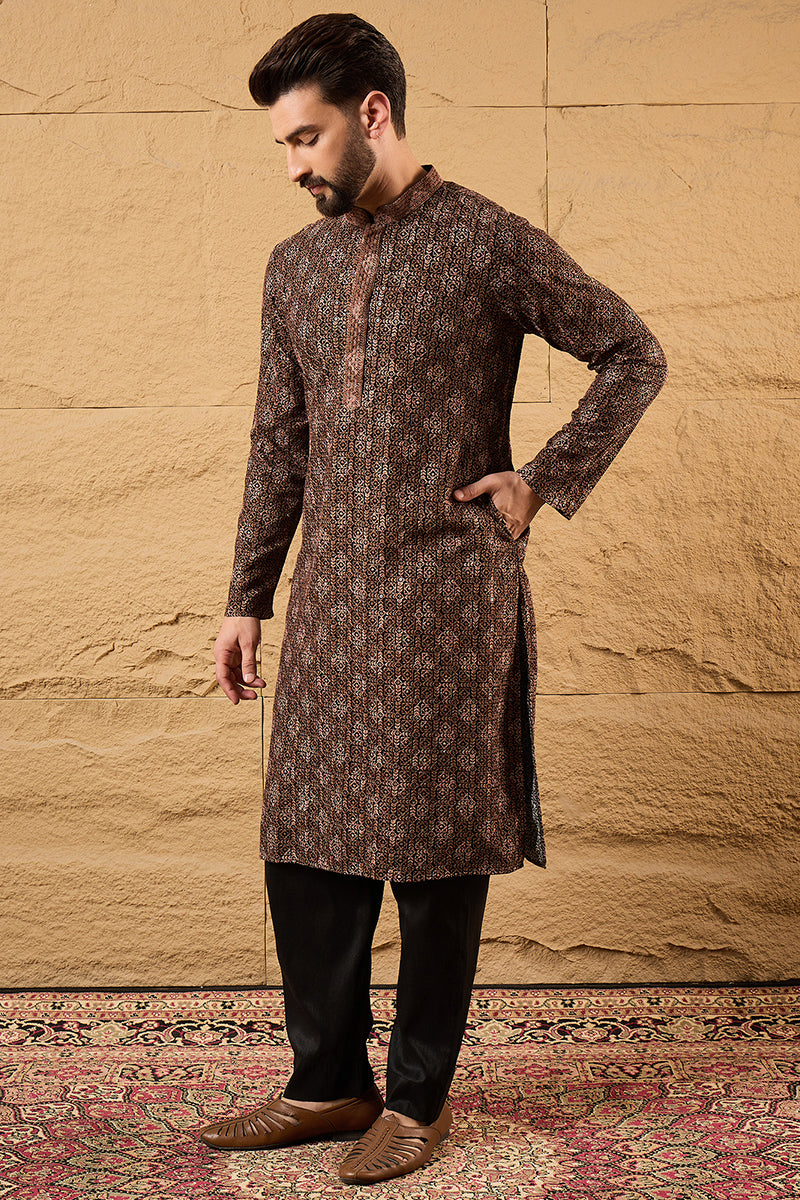 Brown Viscose Rayon Ethnic Motifs Embroidered Chikankari Straight Kurta With Pant Set MKSET1164