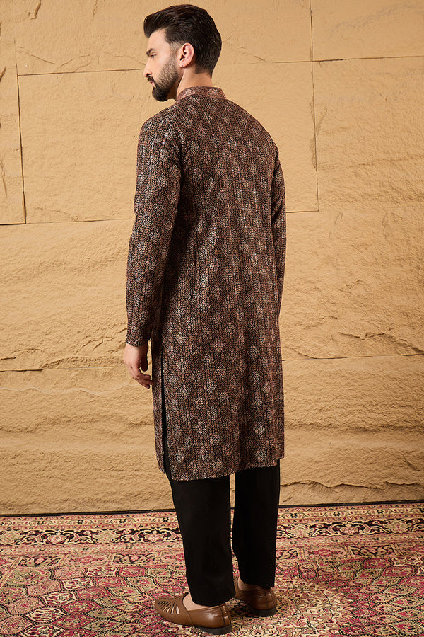 Brown Viscose Rayon Ethnic Motifs Embroidered Chikankari Straight Kurta With Pant Set MKSET1164