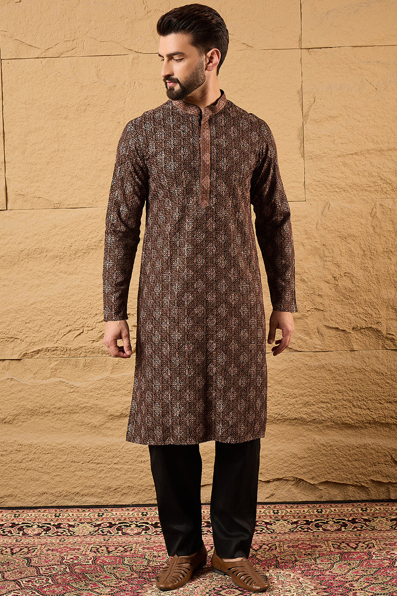Brown Viscose Rayon Ethnic Motifs Embroidered Chikankari Straight Kurta With Pant Set MKSET1164